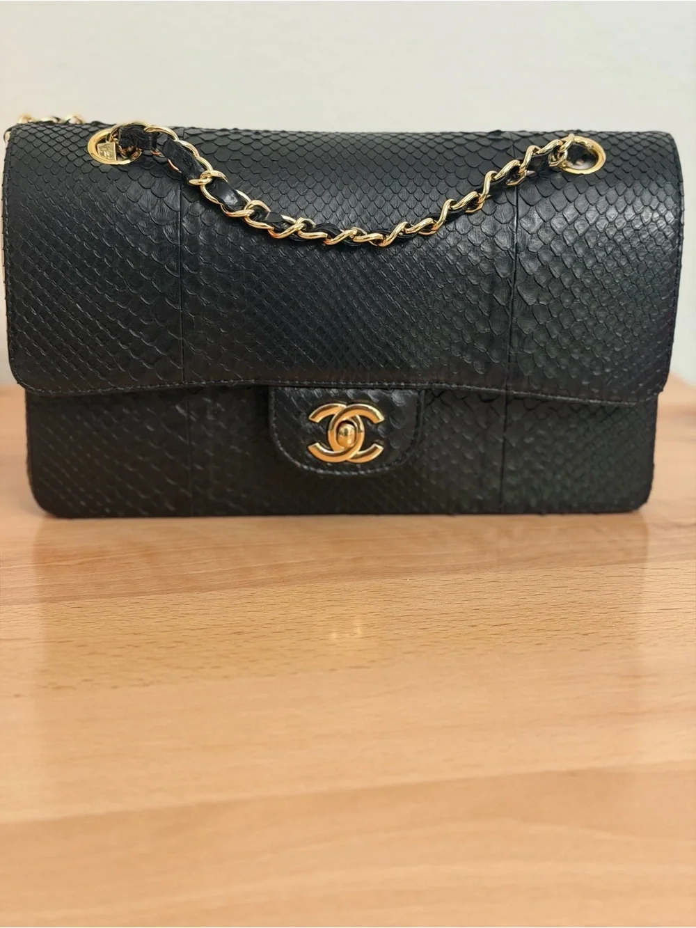 Black Genuine Python Chain Crossbody Bag Double Flap GHW